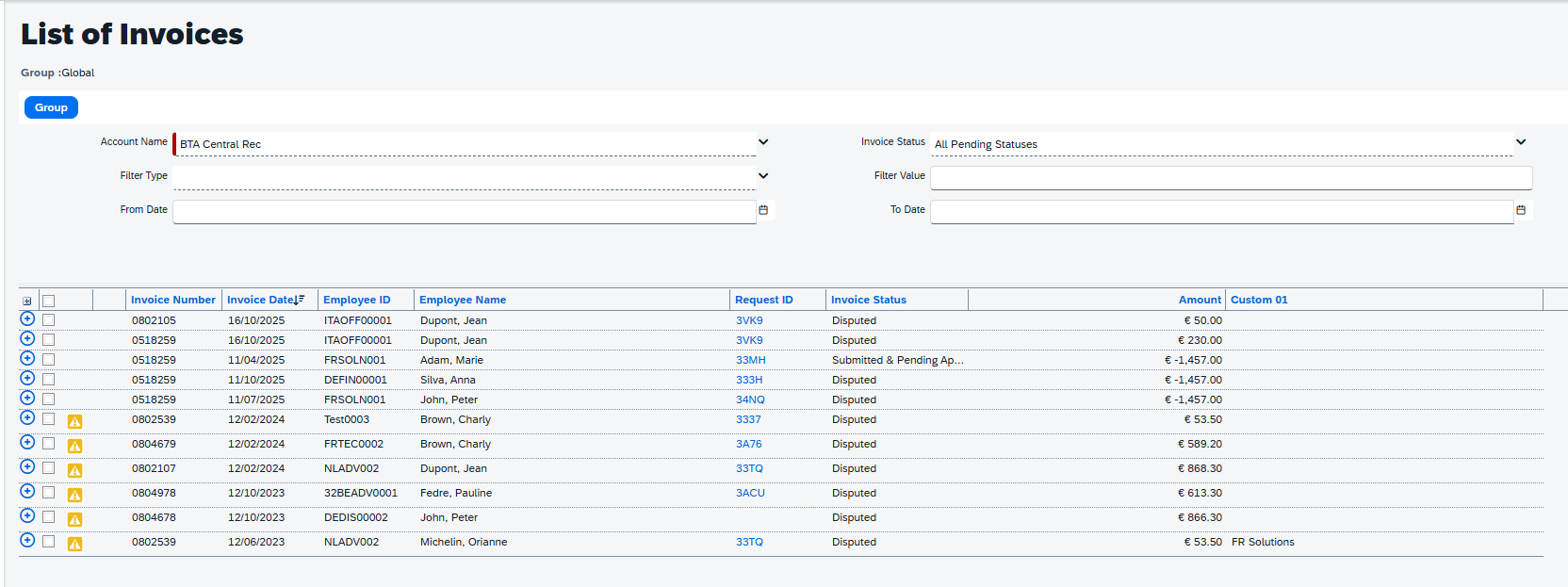 Central Reconciliation invoice view