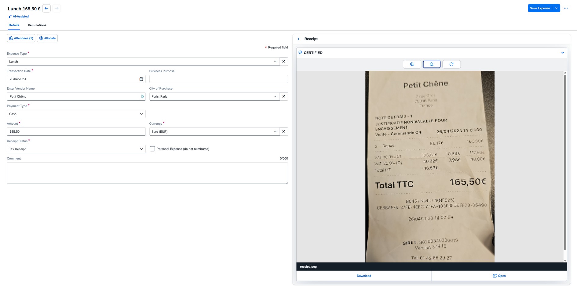Concur Expense expense detail view