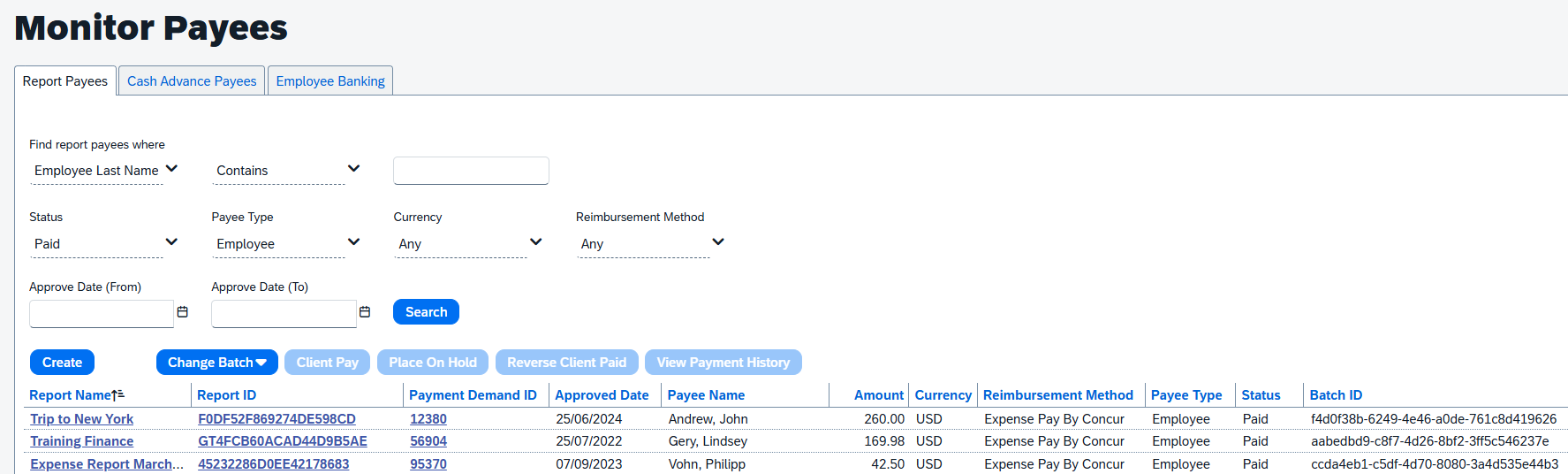 Expense Pay payee monitoring
