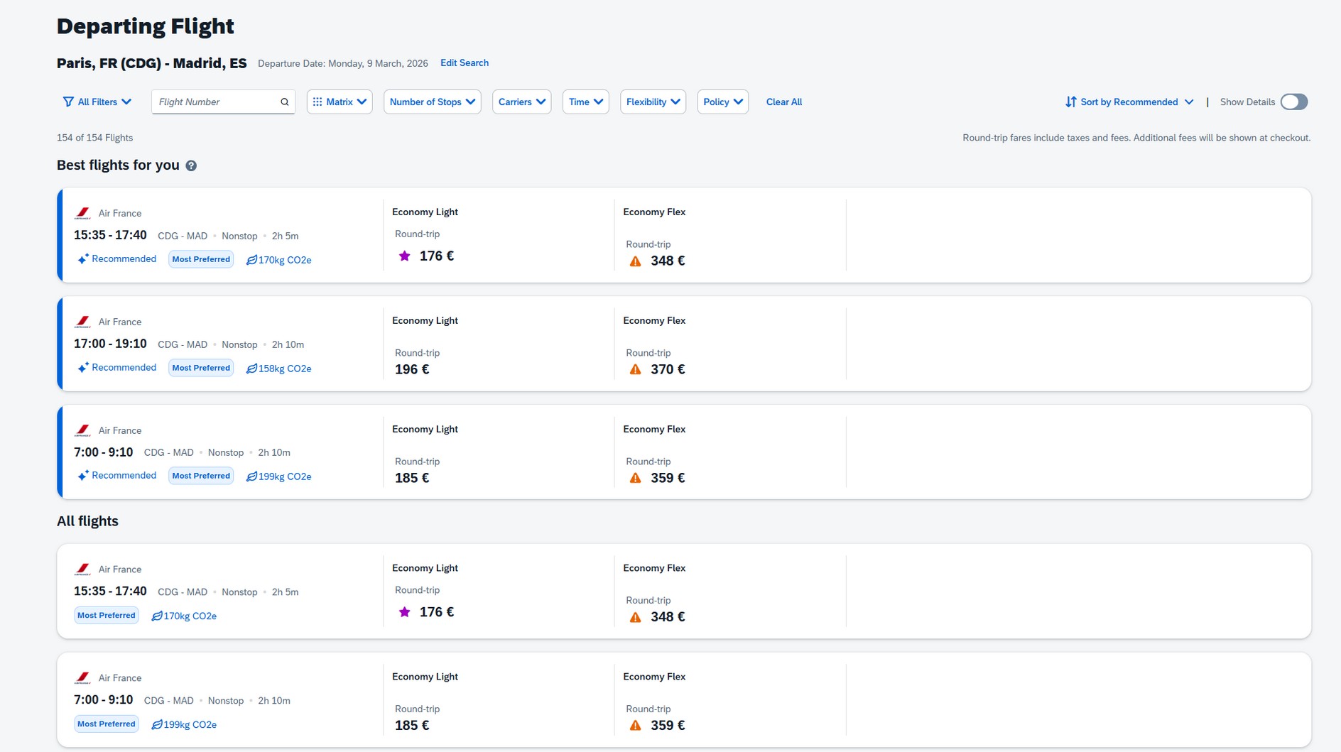 Concur Travel flight search interface